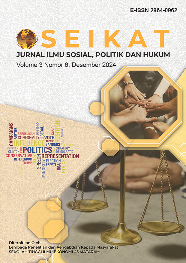 					View Vol. 3 No. 6 (2024): SEIKAT: Jurnal Ilmu Sosial, Politik dan Hukum, Desember 2024
				